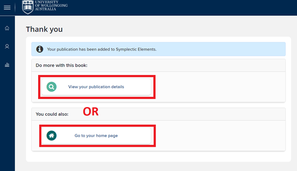 The Thank you screen shows two buttons: 'View your publication details' followed by 'Go to your home page' underneath.