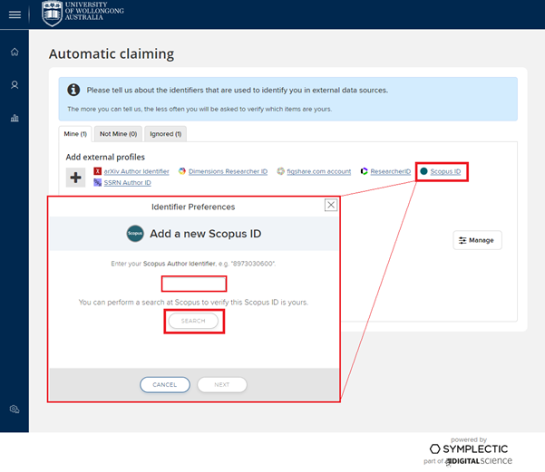 Pop-up window to Add a new Scopus ID.