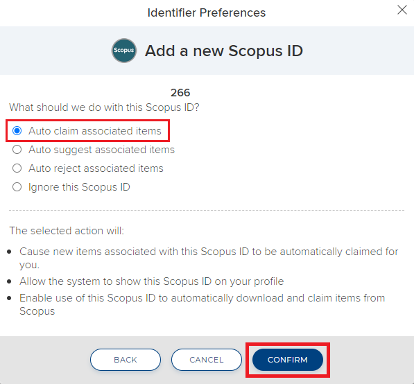 Screenshot showing the radio button selected for Auto claim associated items. Confirm button in bottom right corner of window.