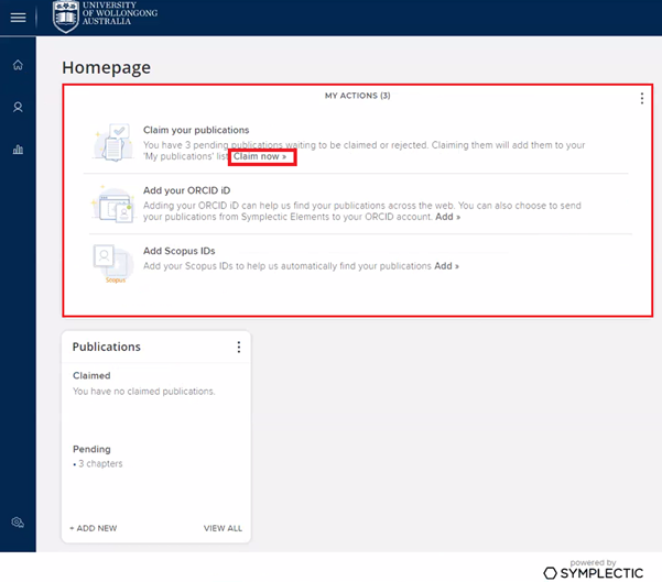 Under the heading, MY ACTIONS, the Claim your publications option is shown with the Claim now link.