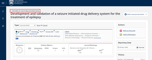 Screenshot showing full details of a publication record. Return to the publications page by clicking the link in the top left corner of the window.
