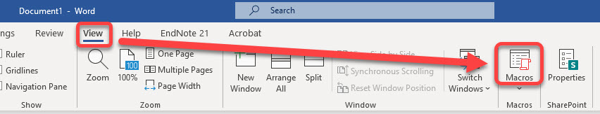 Screenshot of Word in the View tab of the tool ribbon, with Macros icon indicated